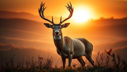 Majestic Buck at Sunset A Serene Wildlife Image Featuring a Large-Antlered Deer Silhouetted Against a Vibrant Orange Sky
