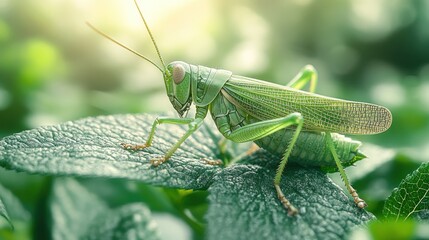 Fototapeta premium Green grasshopper on a lush leaf