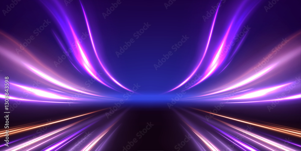 Aufkleber cyberpunk light trails in motion or light slow shutter effect. acceleration speed motion on night ro