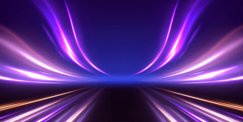 Cyberpunk light trails in motion or light slow shutter effect. Acceleration speed motion on night road. Bright sparkling background. Panoramic high speed technology concept, light abstract background. © Mirotvoric