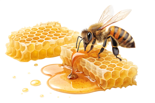 Honey Bee Flying Towards Honeycomb, Capturing the Natural Process of Pollination and Honey Production, Perfect for Wildlife and Nature Themes, Isolated on Transparent Background. AI Generated 