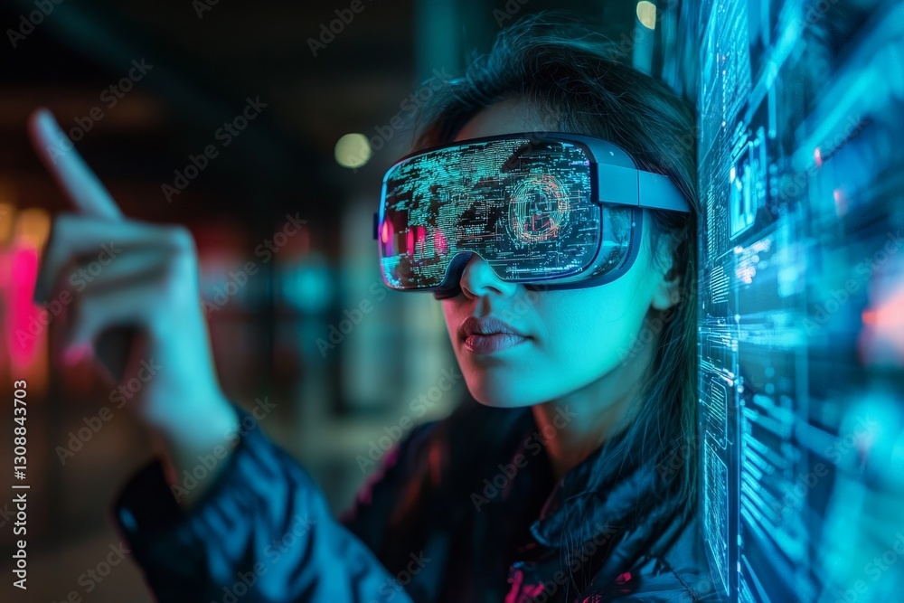 Aufkleber individual wearing virtual reality headset interacts with digital interface in modern tech space dur