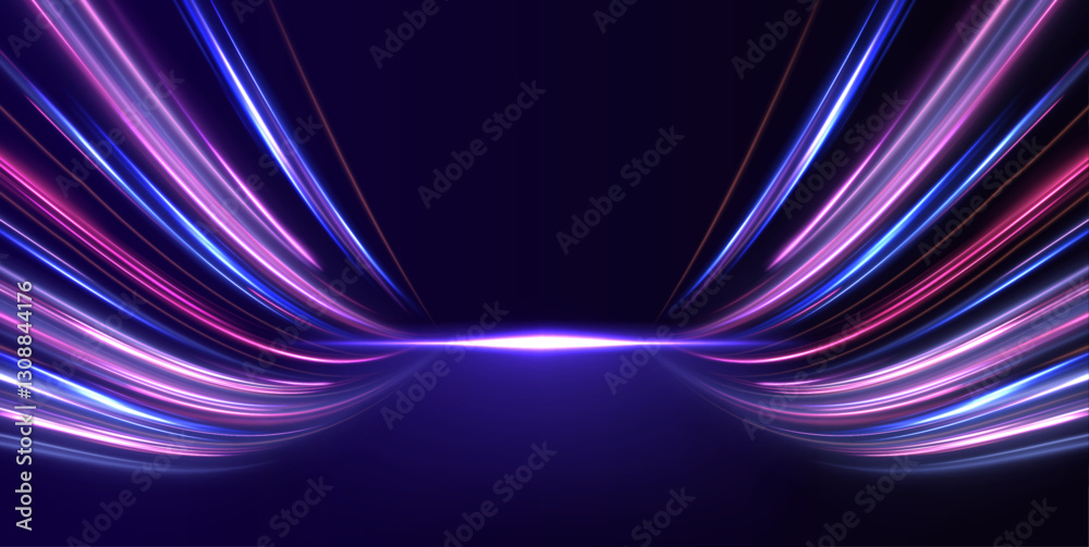 Fototapete Purple glowing waves and speed lines evoke a sense of innovation in modern communication systems. These elements represent the future of high-speed internet and the growth of 6G wireless technology.