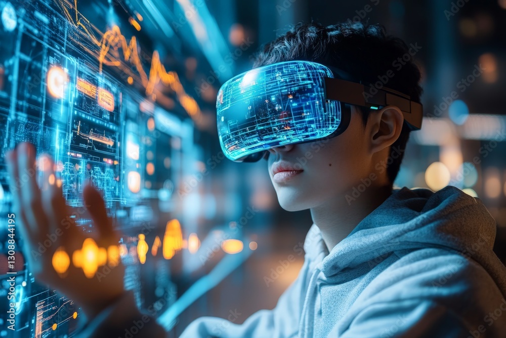 Poster virtual reality experience at night with a young person exploring digital interfaces and immersive t