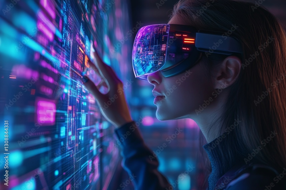 Poster young woman explores futuristic virtual reality environment with vibrant digital graphics in a moder