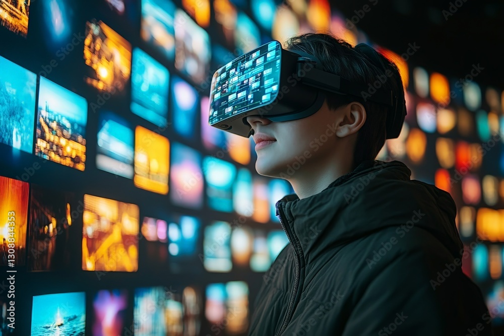Poster young person explores virtual reality in an immersive digital gallery filled with colorful screens