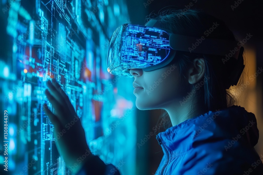 Poster Virtual reality exploration in a futuristic digital environment with an engaged user interacting with data visualization