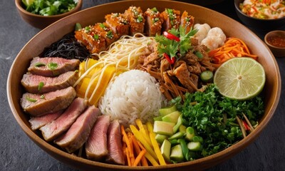 Exquisite and colorful Vietnamese Rice Bowl with Meat and Vegetables