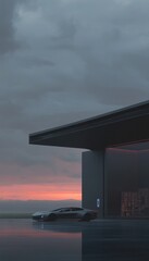Fototapeta premium Futuristic electric car at charging station at sunset