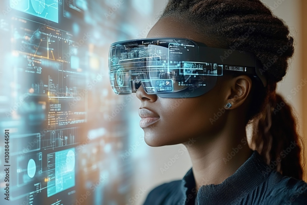 Poster Innovative woman using augmented reality glasses to interact with digital data in a modern tech environment
