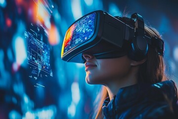 Young woman explores virtual reality in a futuristic environment with digital projections at night