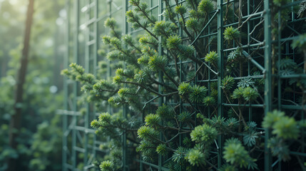 Fototapeta premium Expanding Data Matrix Interspersed With Natural Fir Tree Elements And Interconnected Nodes Suggesting Infinite Growth