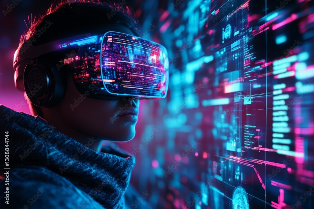 Aufkleber Exploring virtual reality technology with immersive digital environments and vibrant graphics in a futuristic setting