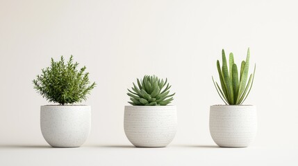 Trio of Green Plants in Minimalist White Pots on a Soft Background for Modern Home Decor Inspiration