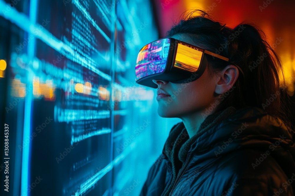 Poster young woman experiences virtual reality while interacting with digital projections in a futuristic e