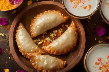 Golden Crispy Gujiya with Khoya Filling on Festive Holi Setup with Colors and Thandai