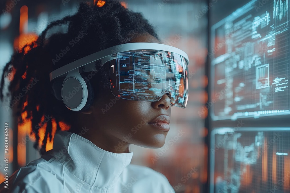Aufkleber futuristic technology user wearing vr headset in a high-tech environment with digital displays durin