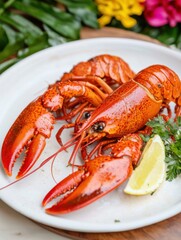 A vibrant plate features two cooked lobsters garnished with lemon and herbs, set against a backdrop of colorful flowers and greenery.