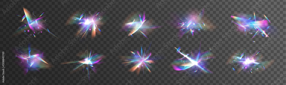 Leinwandbilder Set Rainbow crystal light leak flare reflection effect. Light streak overlay pattern designs. Defocused abstract retro film analog effect for using over photos as overlay or screen filter. 