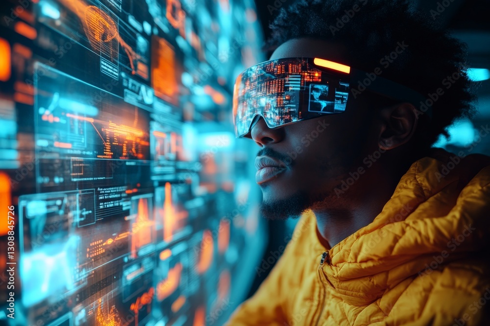 Aufkleber Futuristic technology exploration with a person wearing smart glasses in a high-tech environment