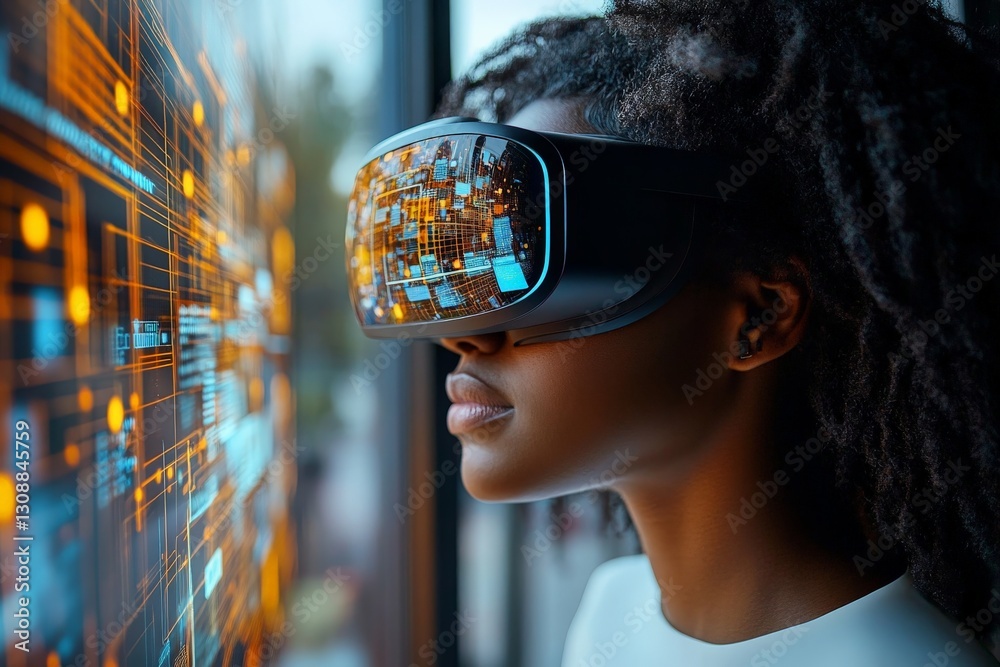 Poster woman using virtual reality headset to explore digital environment in a modern setting