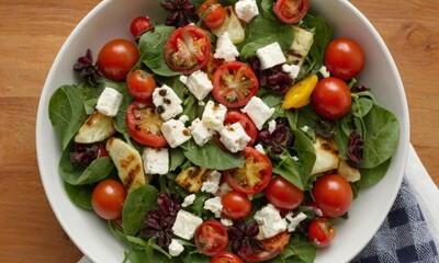 Close-up of Fresh Salad Bowl with Spinach, Tomatoes, and Feta Cheese