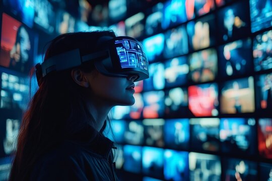 Immersive virtual reality experience in a high-tech environment at night
