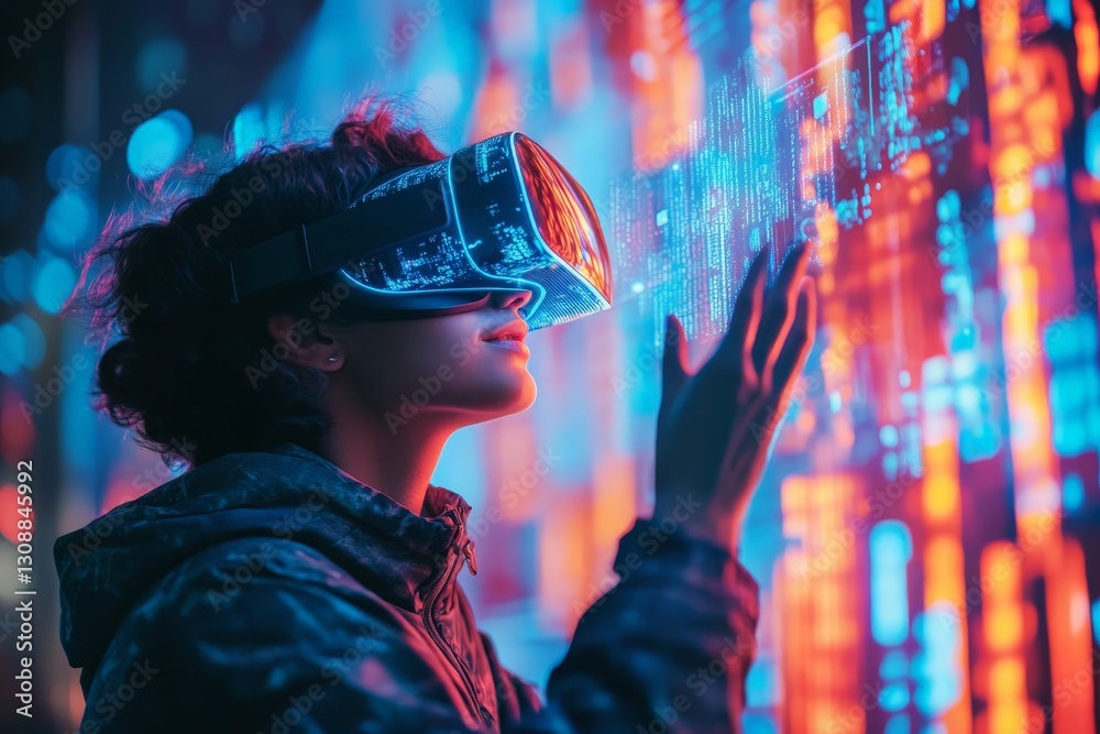Poster person explores immersive virtual reality with glowing digital interface at night in a futuristic ci