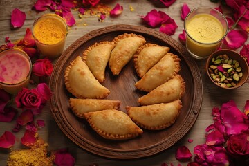 Golden Crispy Gujiya with Khoya Filling on Festive Holi Setup with Colors and Thandai