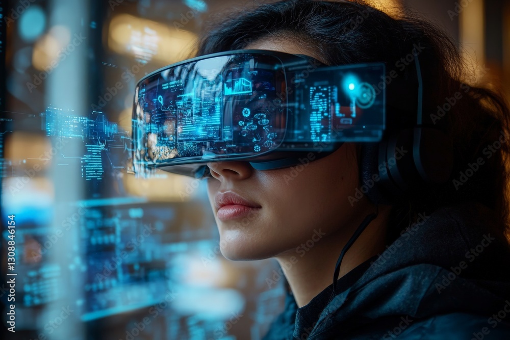Poster woman using virtual reality headset while immersed in a digital environment showcasing futuristic te