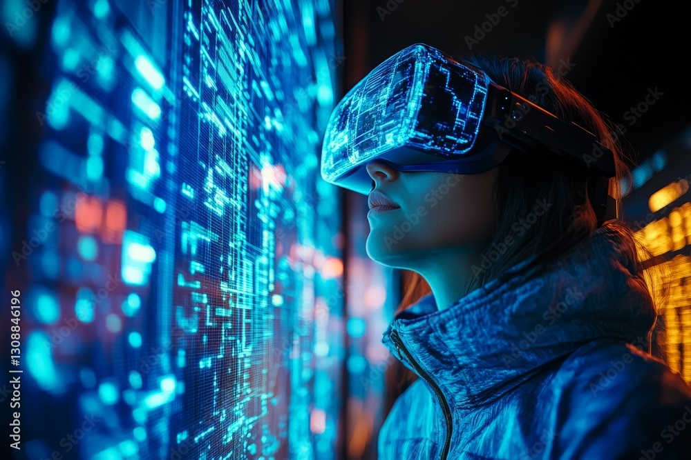 Poster young woman using virtual reality headset in a high-tech environment with glowing graphics