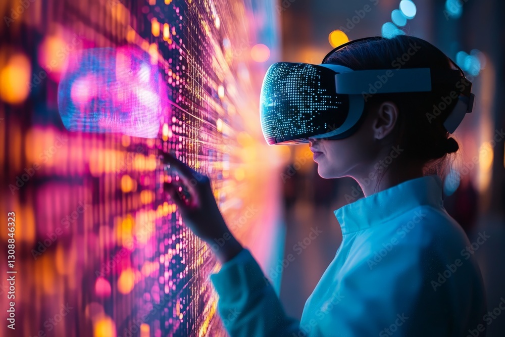Poster woman exploring digital art with virtual reality headset in vibrant setting