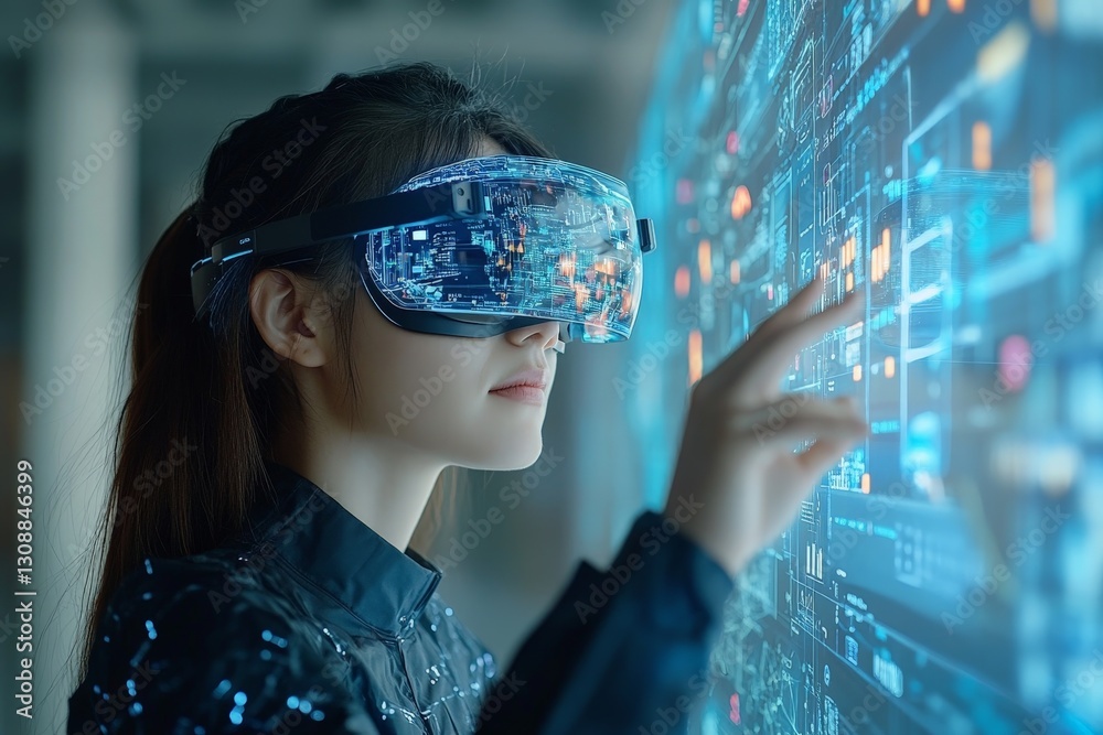 Aufkleber young woman engages with virtual interface using augmented reality goggles in contemporary workspace