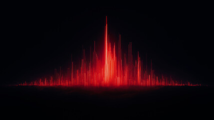 Glowing red digital city skyline with futuristic skyscrapers forming a vibrant light pattern against a dark background