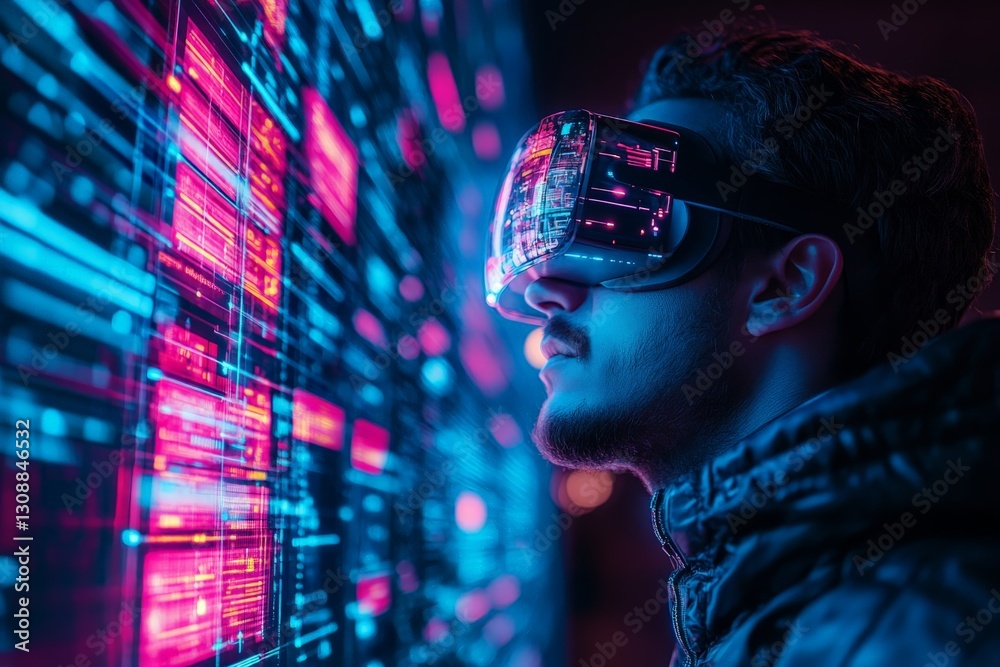 Leinwandbilder experience of virtual reality technology in a dark environment with glowing data visuals