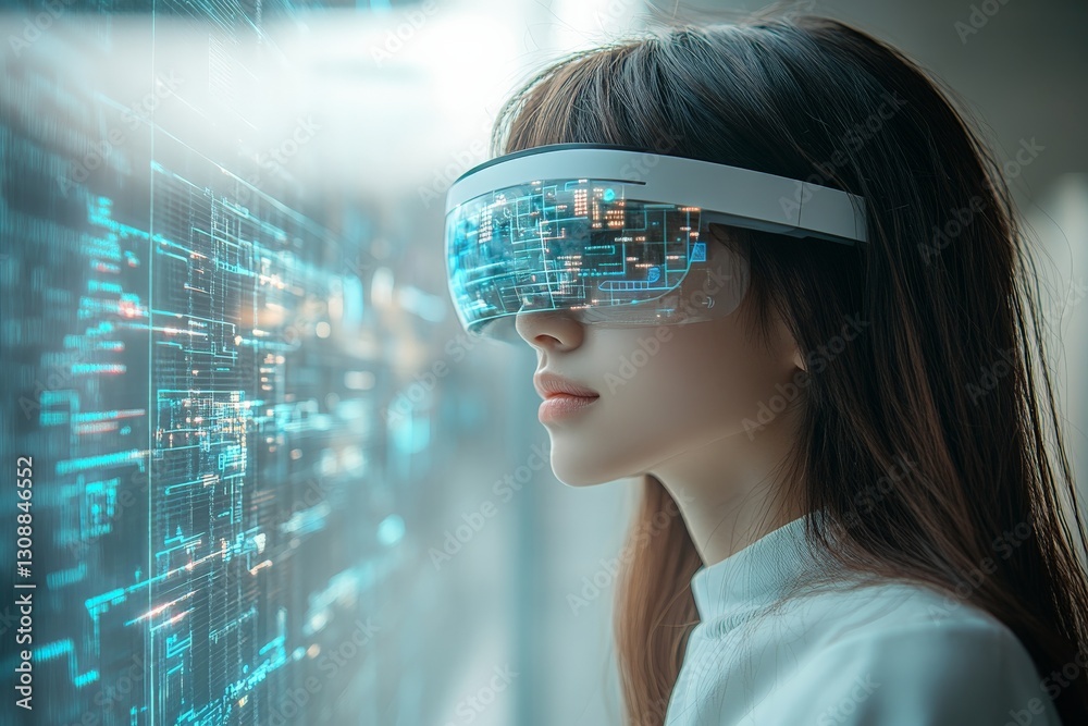 Aufkleber futuristic woman wearing advanced virtual reality headset interacting with digital interface in mode