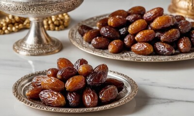 Obraz premium Delicious Dates Displayed on Silver Plates for a Sweet Indulgence