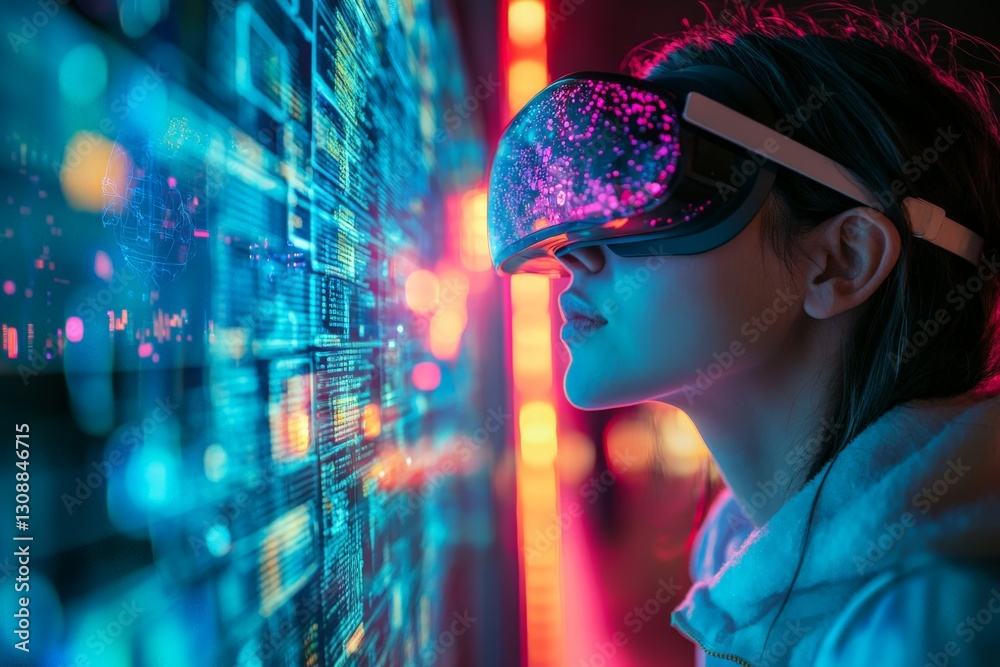 Poster Immersive virtual reality experience with vibrant visuals and user interaction at a modern tech space