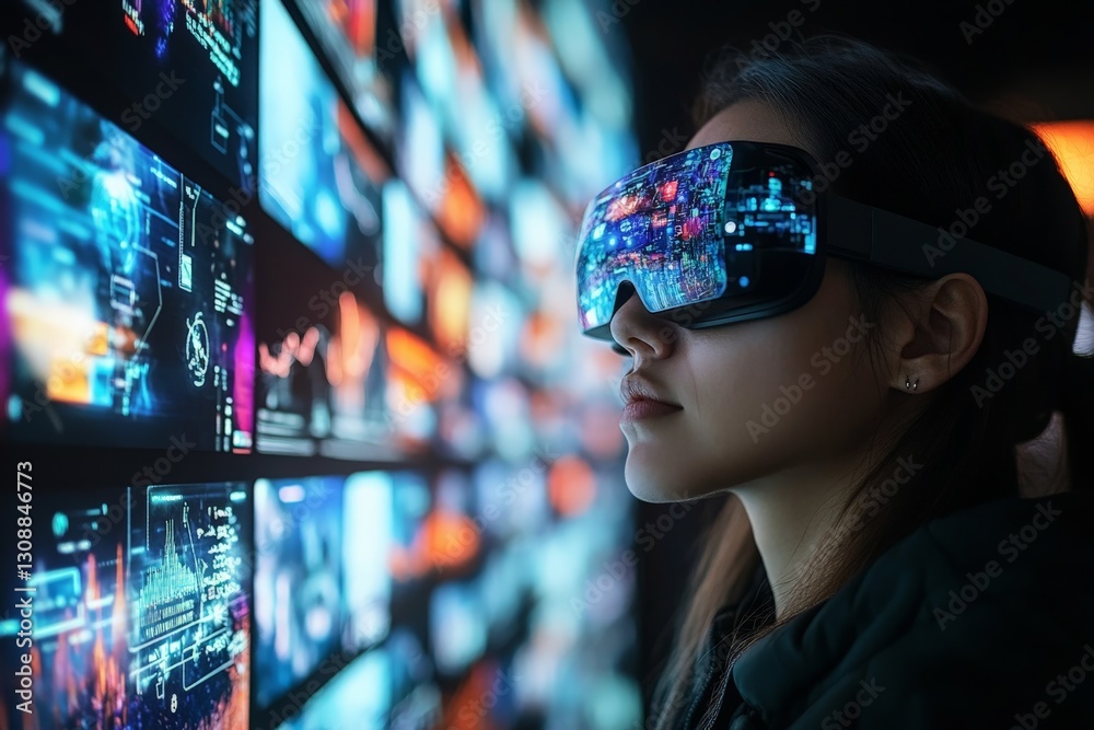 Leinwandbilder exploring virtual reality technology in a digital space with immersive visuals at nighttime