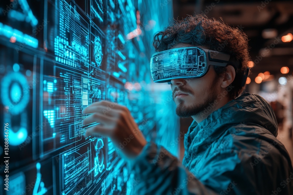 Aufkleber Young man immersed in virtual reality exploring digital interface in a futuristic environment