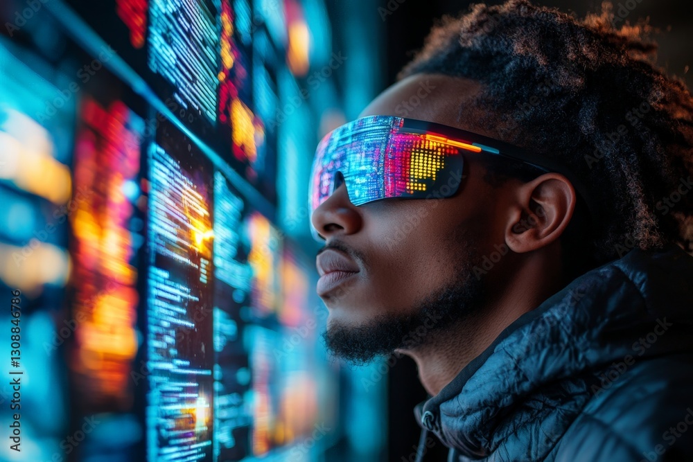 Poster man wearing illuminated glasses viewing digital screens in a modern environment at night