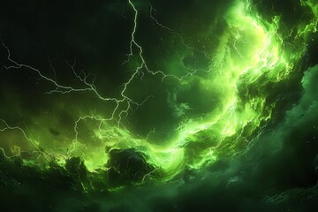 Green lightning storm, dark sky