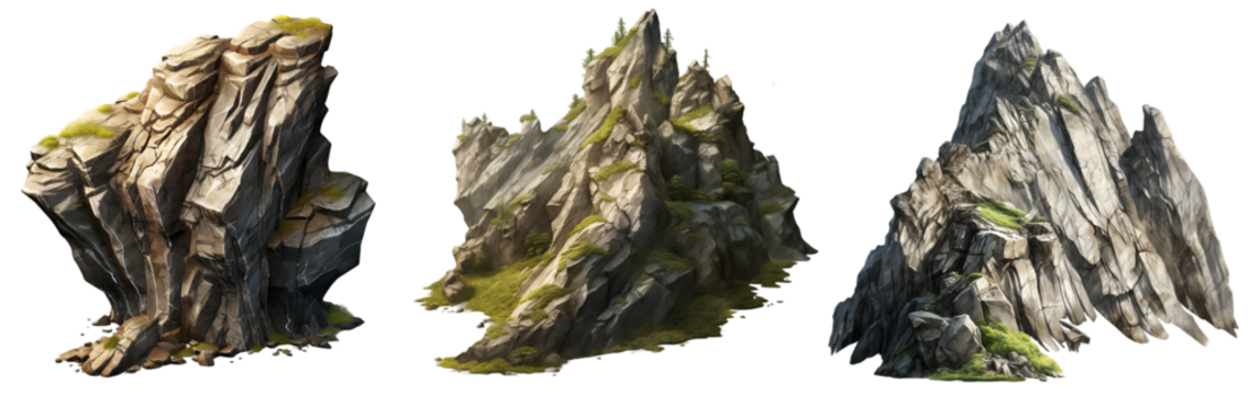 Collection of rocky outcrops with unique shapes and textures on white background