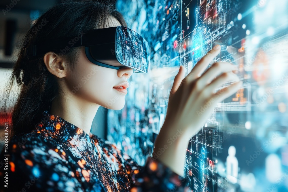 Aufkleber Woman interacts with holographic interface while wearing virtual reality headset in a modern tech environment