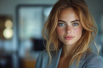 Young woman with striking blue eyes and natural makeup poses in a stylish setting