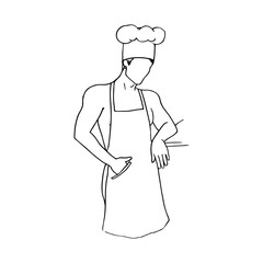 young topless man with muscles in apron and chef's hat and earring in ear standing, portrait faceless knee-length - line art drawing