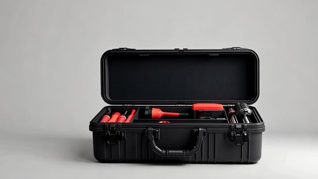 A black tool case open with assorted tools including a flashlight and screwdrivers displayed inside