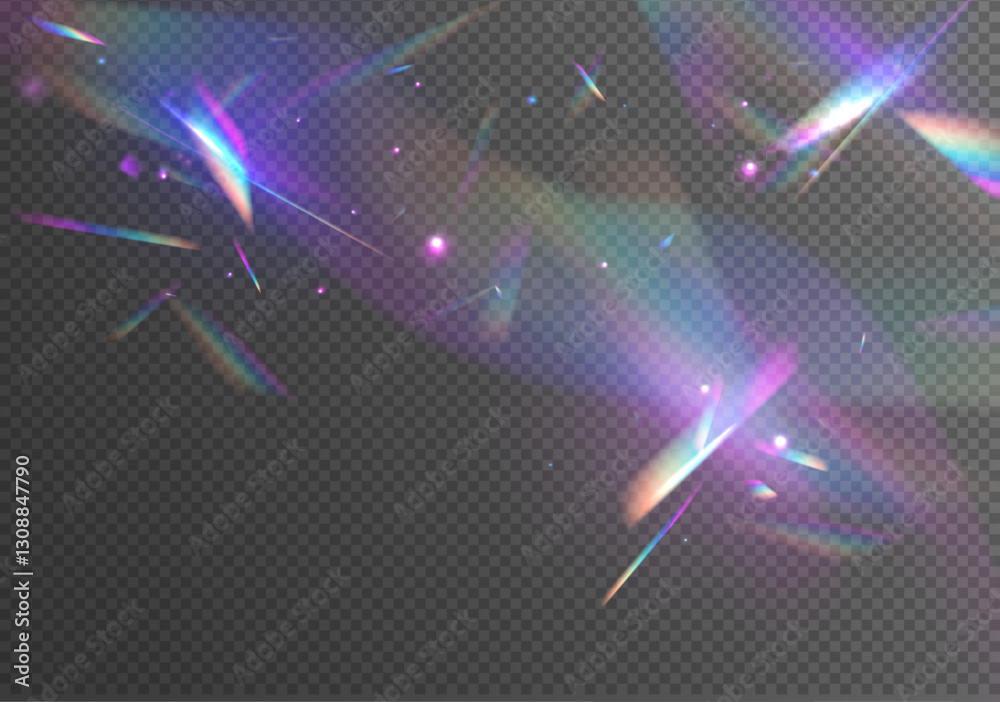 Poster ethereal lens rainbow light streak transparent effect. crystal rainbow light effects. overlay for ba