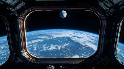 View Of Earth And Moon Through A Spacecraft Window At Night Displaying Blue Planet And Stars