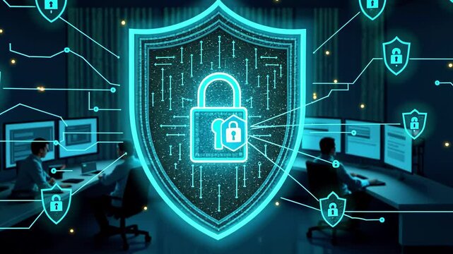 Digital security concept with shield and padlock, showcasing cybersecurity efforts in a modern office
